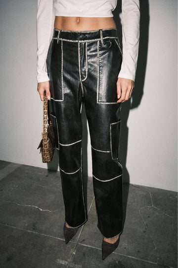 Ada Faux Leather Contrast Stitch Cargo Wide Leg Pants