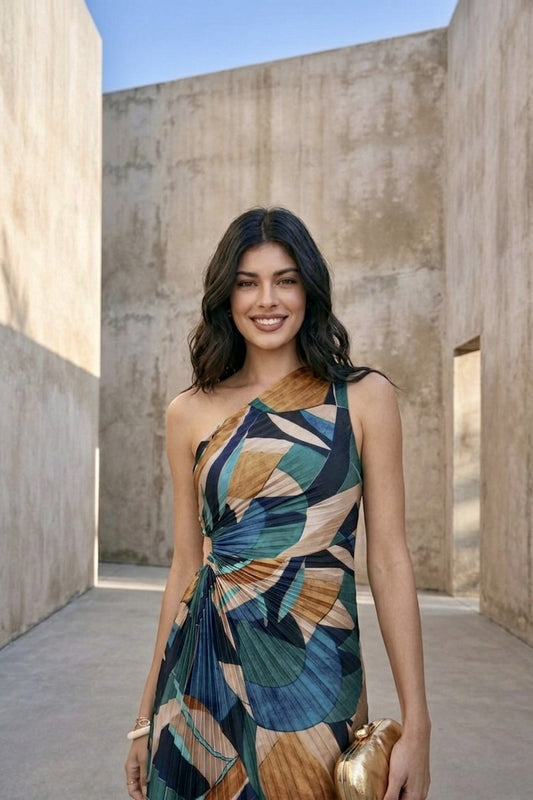 The Prism Palm Asymmetrical Pleated Dress