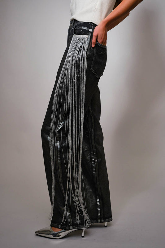 Metallic Fringe Straight Leg Pant