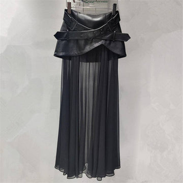 M158 Mesh Spliced PU Leather Pleated Black Maxi Skirt