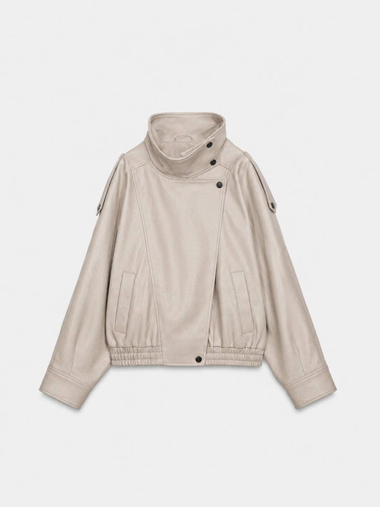Carmie Oversized Stand-Collar Leather Biker Jacket