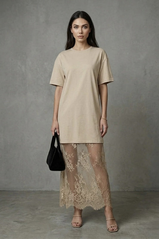 Mixed Media Knit & Lace T-Shirt Dress