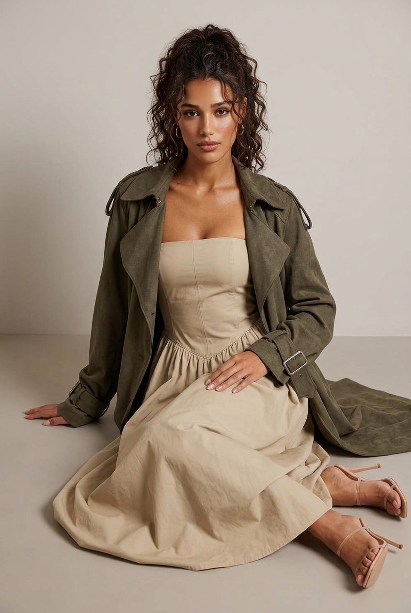 Floor-seated editorial against a plain wall