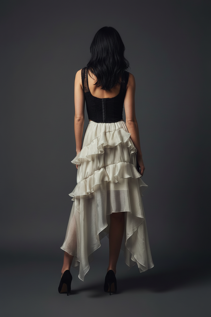 Full body – directly back-to-camera, skirt cascading
