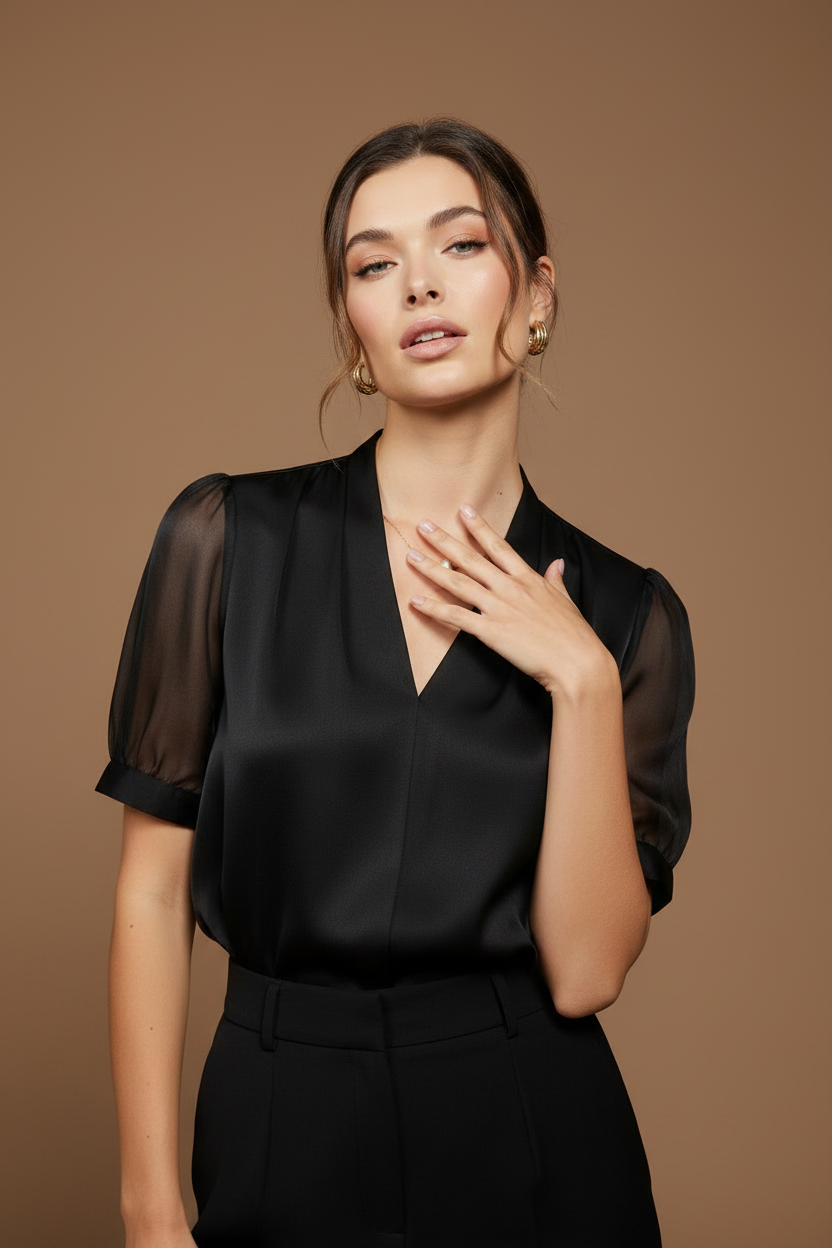 Hand on collarbone, smoldering eyes