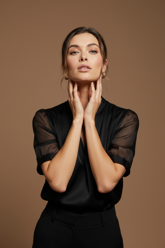 Hands framing jaw, magnetic gaze