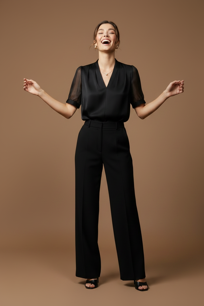 Head back, open arms, joyful and aspirational