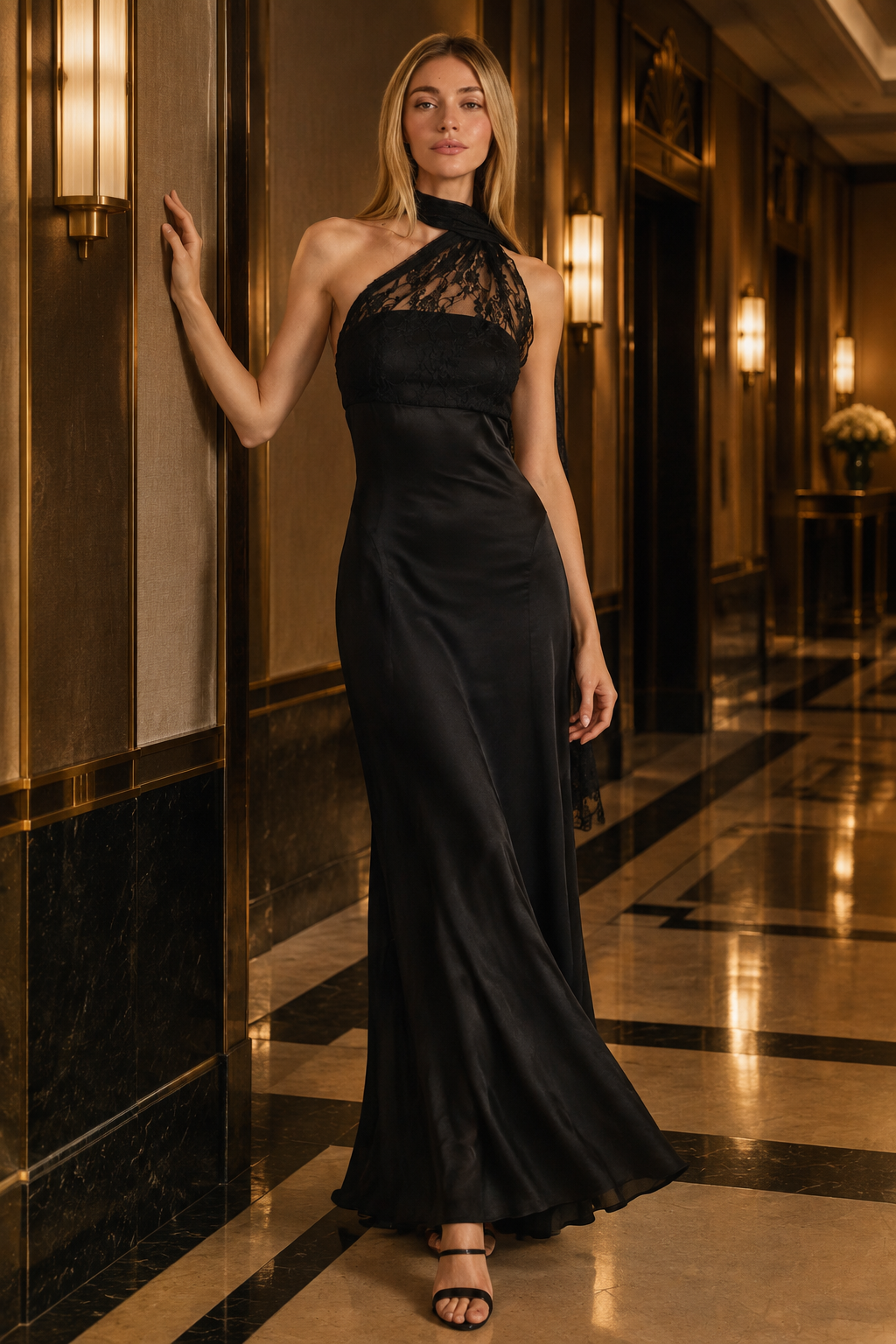 Jennyfer dress editorial, full-body hotel hallway pose
