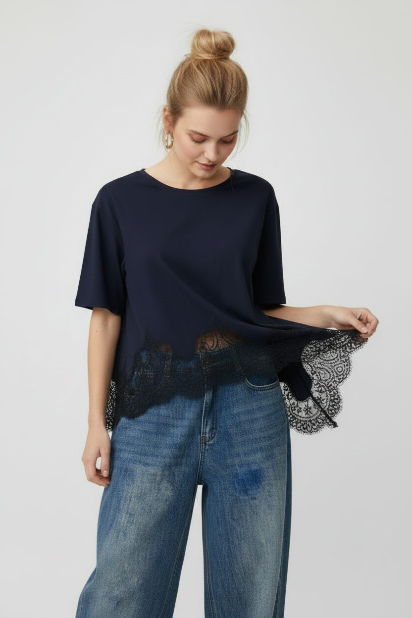 Lifting lace hem, looking down