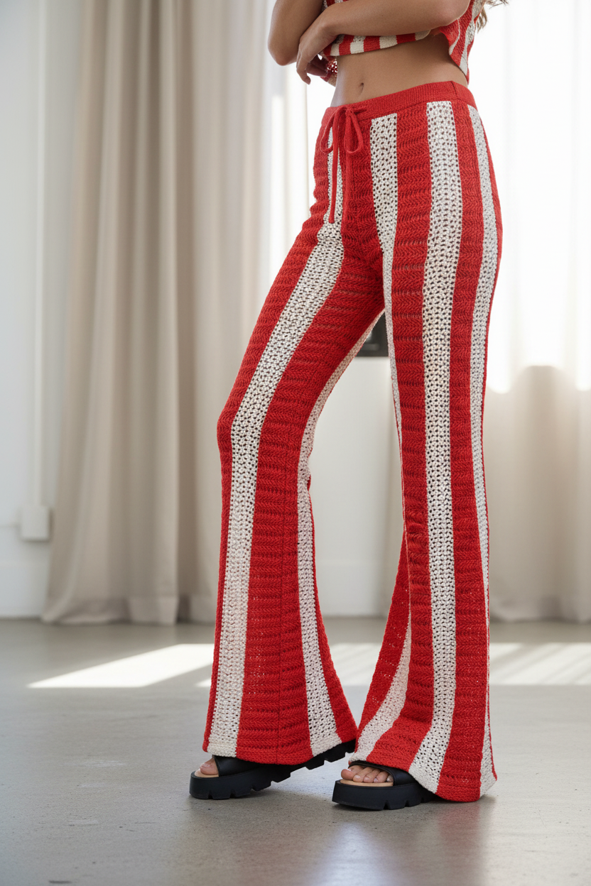 Mid-thigh to floor, crochet texture close-up