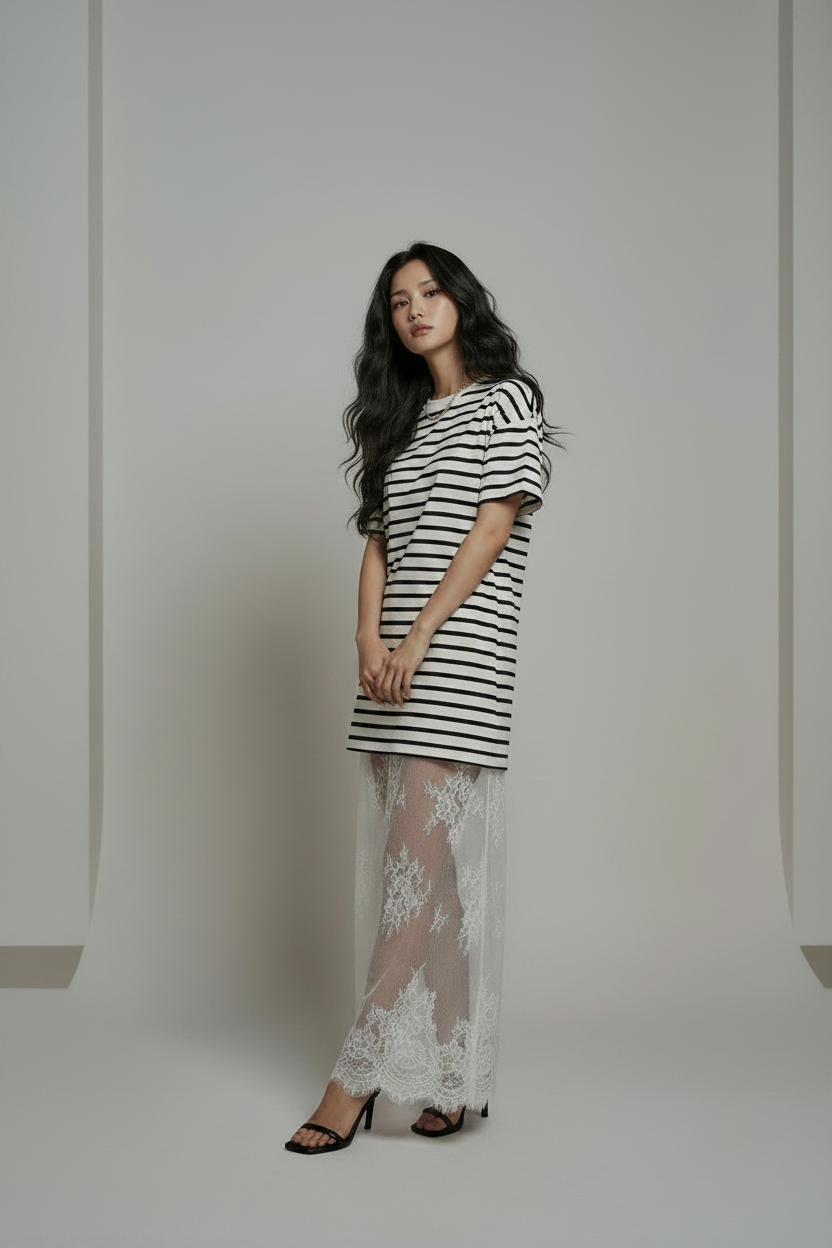 Mixed Media Knit & Lace Dress - Editorial Pose 2