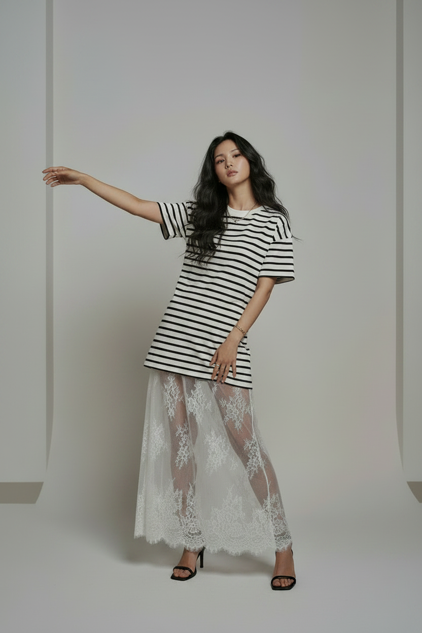 Mixed Media Knit & Lace Dress - Editorial Pose