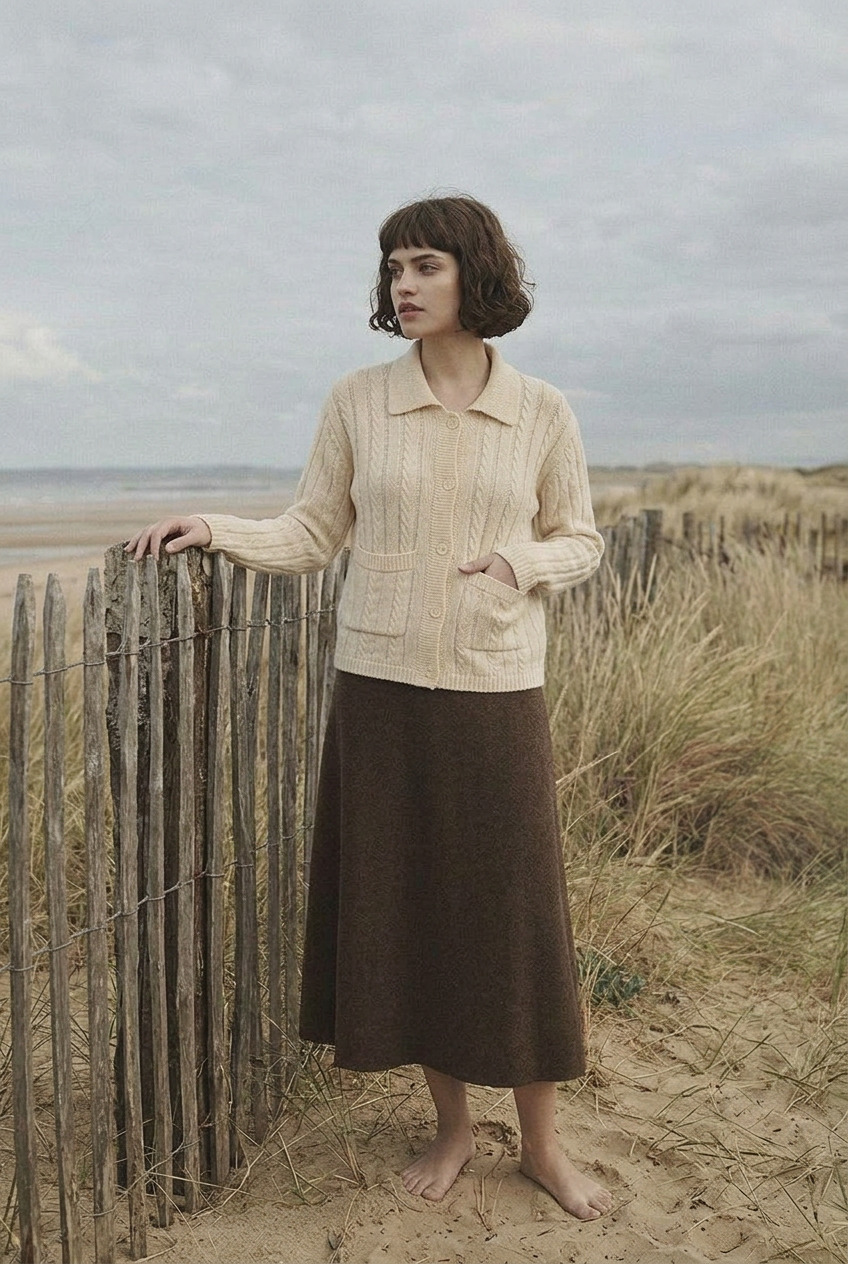 Morrow Coast Cardigan beside coastal fence