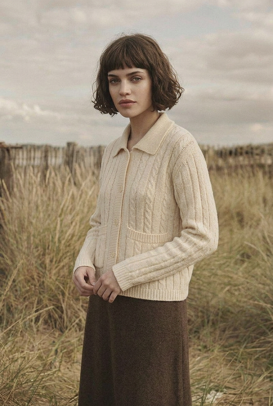Morrow Coast Cardigan close editorial portrait