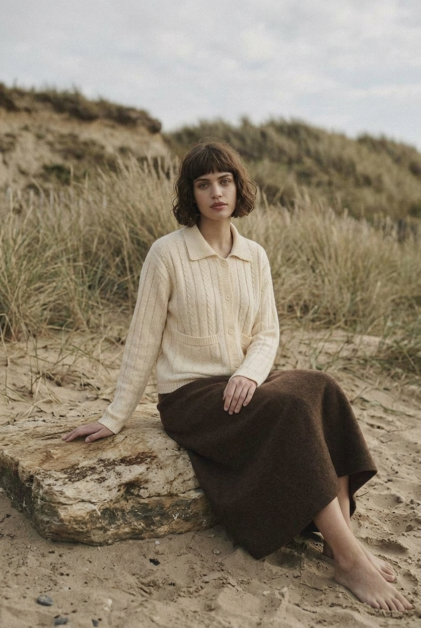 Morrow Coast Cardigan seated coastal portrait