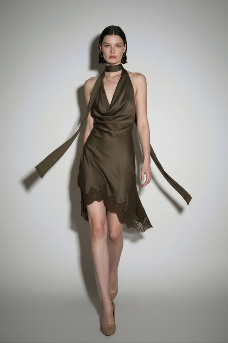 Olive Brown Soirée Scarf Midi Dress - Full Length