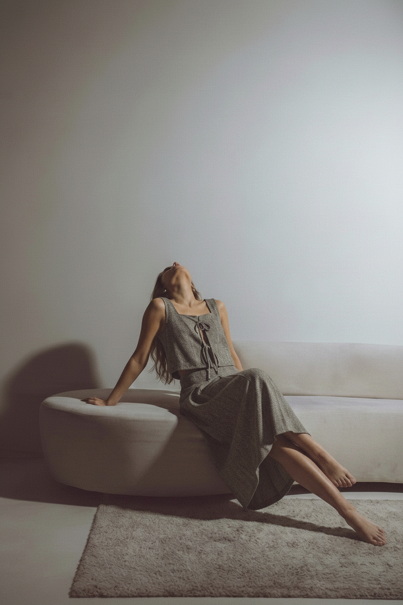 Reclining on sculptural sofa, head tilted back