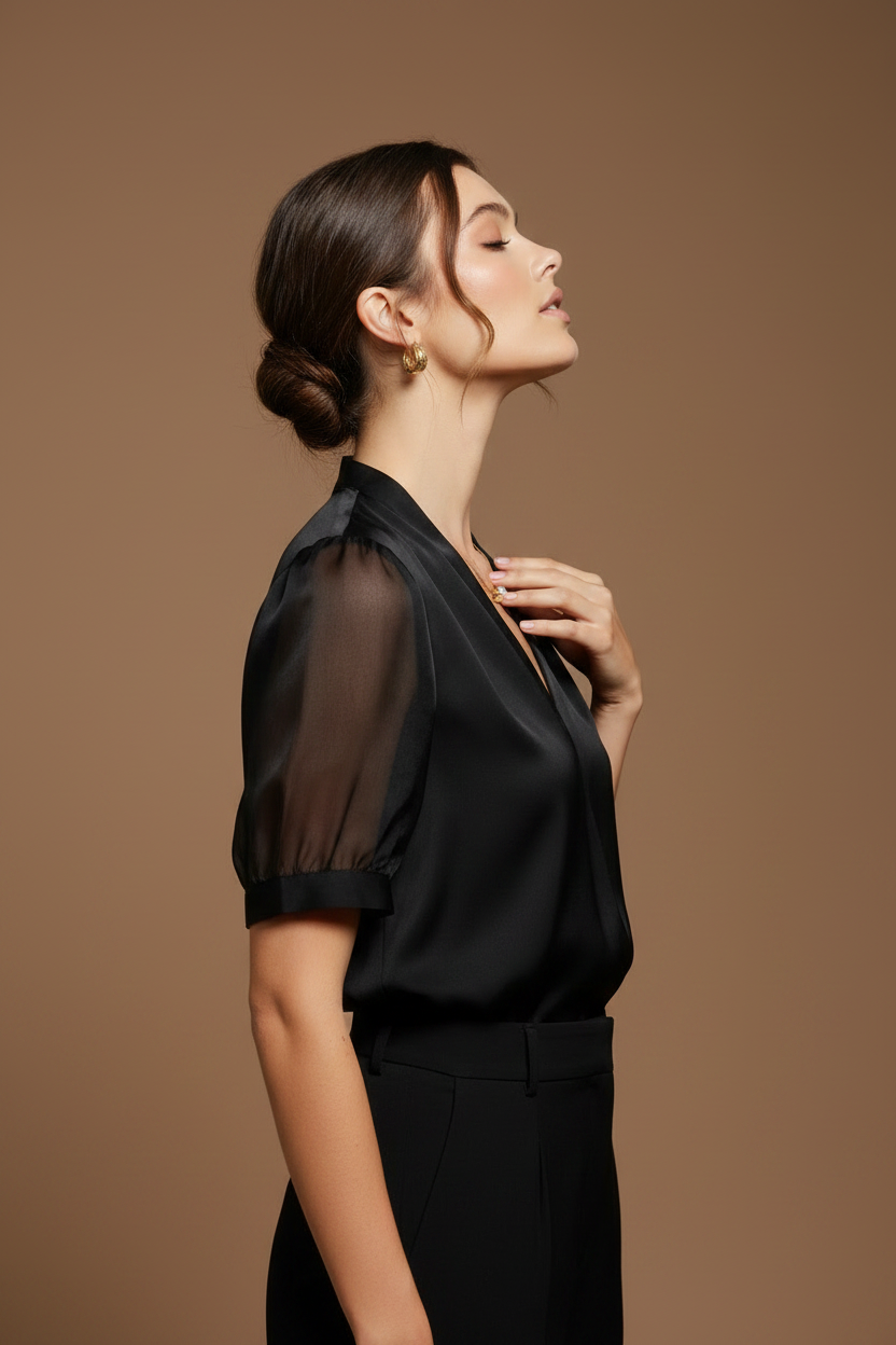 Side profile, hand on neckline, serene power