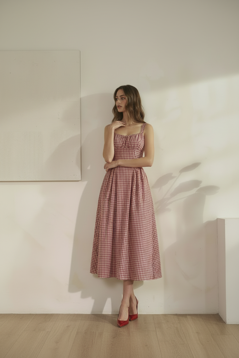 The Meadowbrook Gingham Midi Dress - Classy Editorial Pose