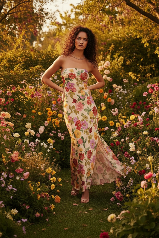 The Painted Garden Strapless Maxi Dress – Model Pose