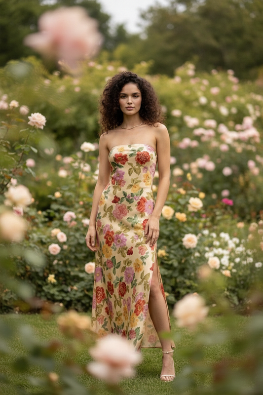 The Painted Garden Strapless Maxi Dress – Natural Editorial
