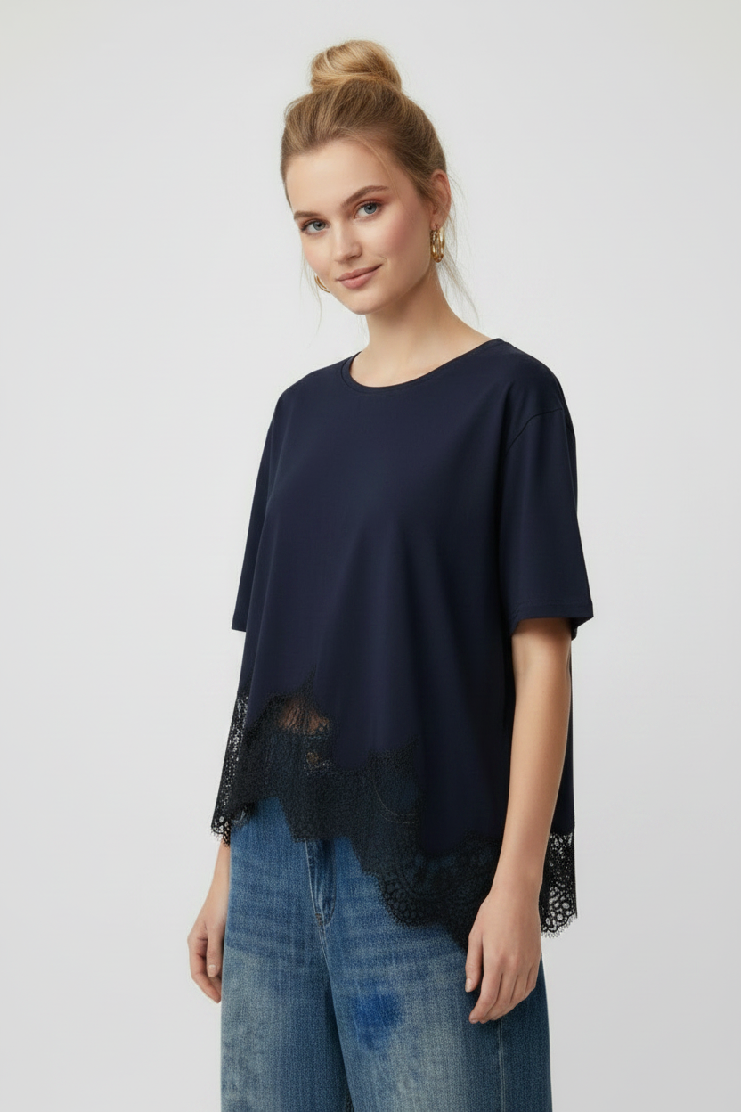 Three-quarter, crew neck detail